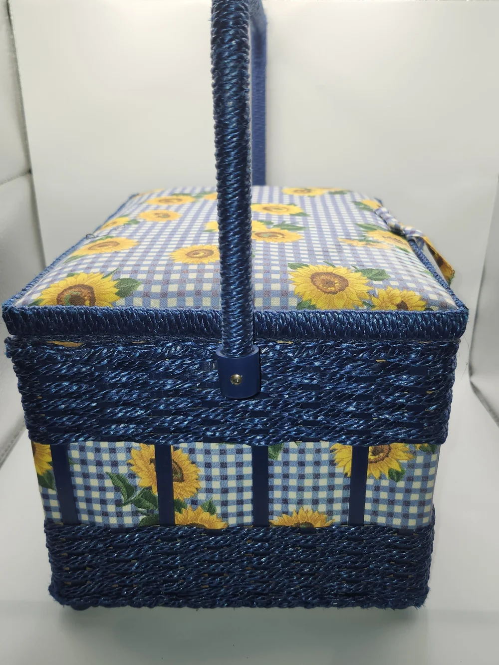 Vtg Wicker Sewing Basket Blue With Sunflowers Notions Storage Box With Handle